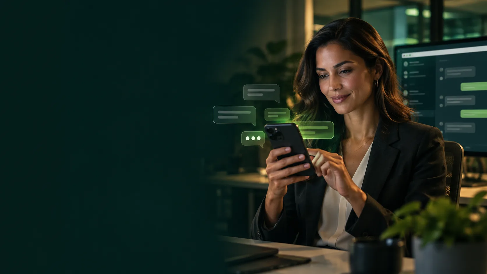Profissional usa um celular com uma interface ilustrativa de conversa em um escritório.