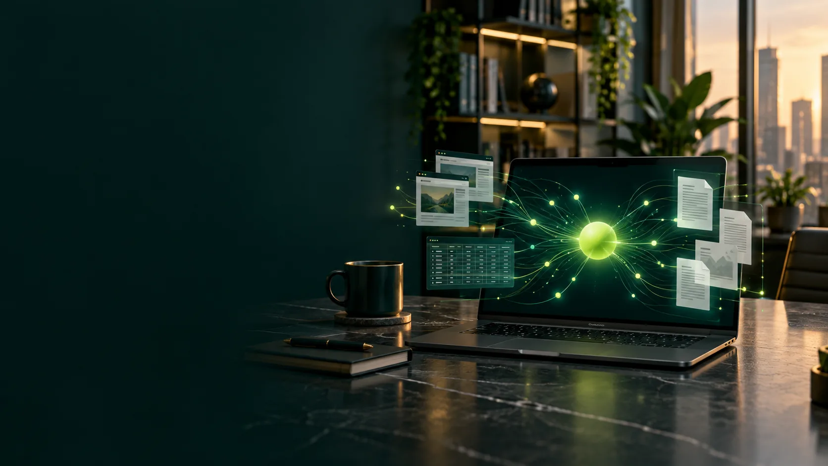 Notebook com representação ilustrativa de documentos, páginas web e dados conectados.
