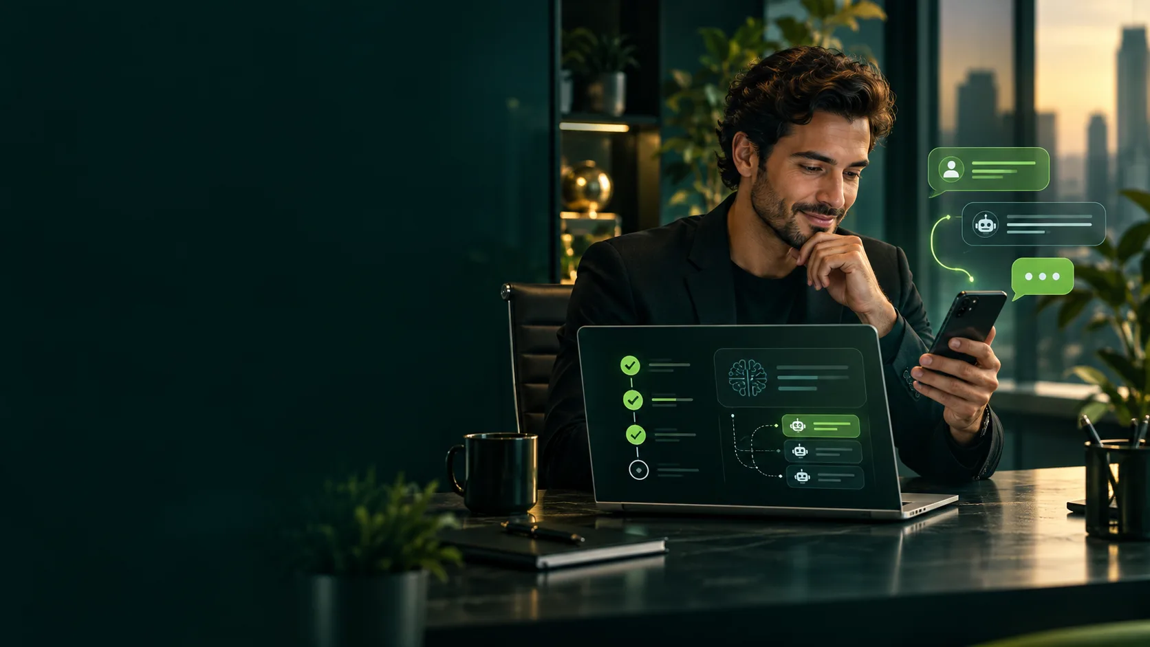 Consultor acompanha no notebook e no celular etapas ilustrativas de configuração de mensagens empresariais.
