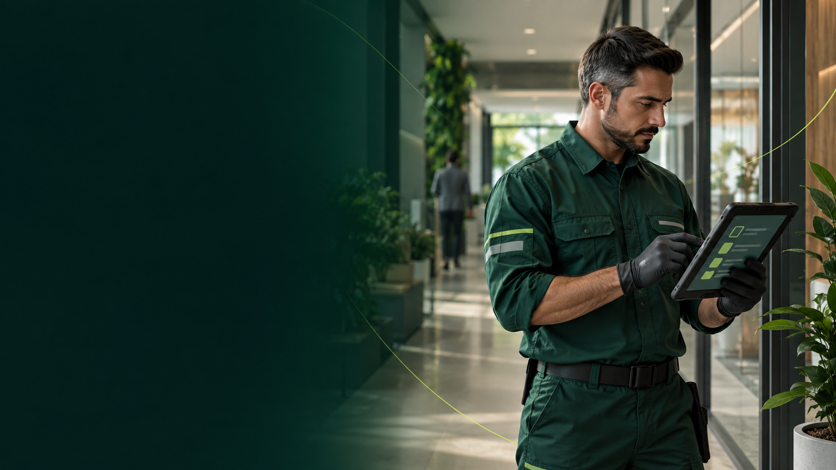 Ilustração de um técnico consultando um tablet durante uma inspeção em ambiente comercial.